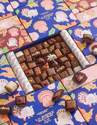 Beautifully illustrated Thanksgiving assortment boxes with chocolates nested inside.