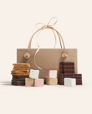 Paper gift bag shown next to it's contents: handcrafted graham crackers, colorful marshmallows, and dark chocolate bars.