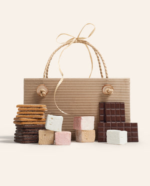 Paper gift bag shown next to it's contents: handcrafted graham crackers, colorful marshmallows, and dark chocolate bars.