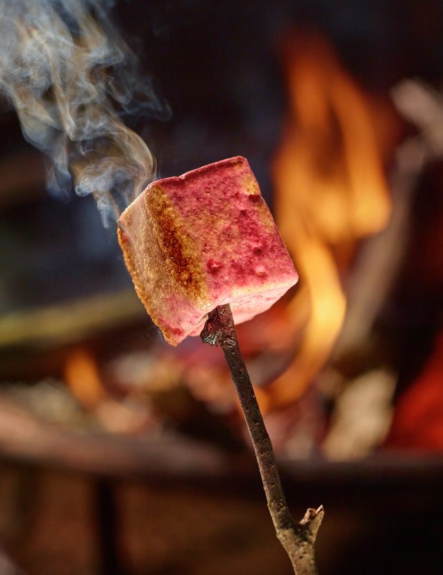 Marshmallow on a stick over a campfire with flames and smoke.