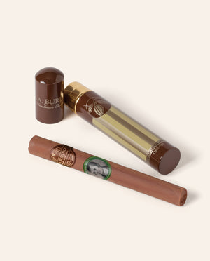 Chocolate cigar with a green cigar band that reads "Robert Burns Laphroaig"