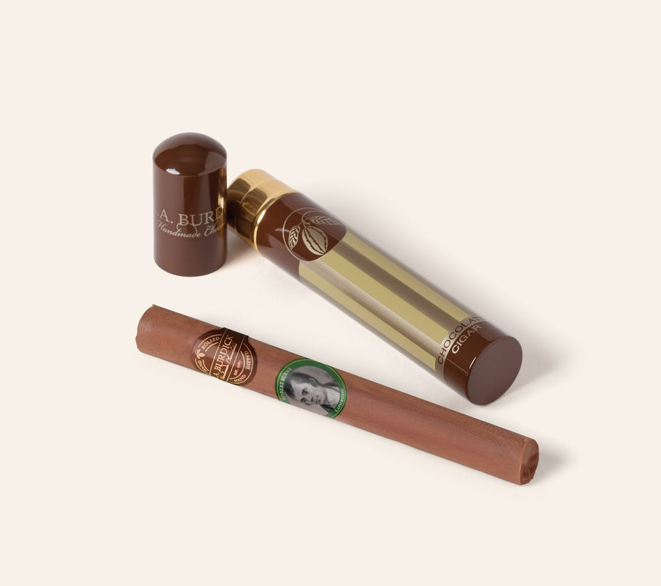 Chocolate cigar with a green cigar band that reads "Robert Burns Laphroaig"