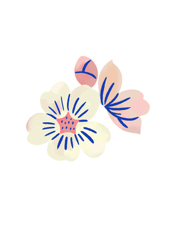 Stylized illustration of two flowers and a bud in soft cream and pale pink tones with bold blue accents.