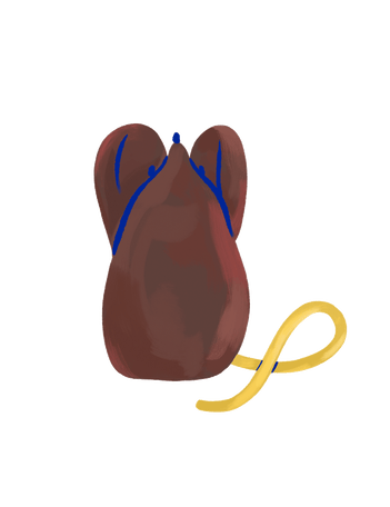 Hand-drawn illustration of a stylized chocolate mouse with large ears and a long yellow tail.