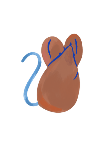 Minimalist digital illustration of a stylized mouse with brown body, large ears, and a curved blue tail on a black background.