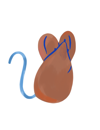 Minimalist digital illustration of a stylized mouse with brown body, large ears, and a curved blue tail on a black background.
