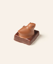 Chocolate figurine of a duck on a square base against a beige background