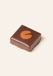 Square dark chocolate bonbon with a milk chocolate lily pad on the top surface