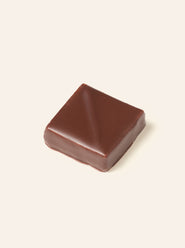 Square dark chocolate bonbon on a cream background