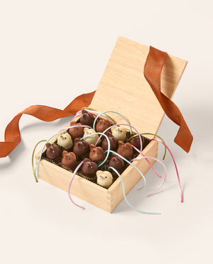 Wooden box filled with 16 dark, milk and white chocolate mice with silk tails. Tied with a pumpkin colored ribbon on a cream background.
