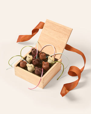 Wooden box filled with 9 dark, milk and white chocolate mice. Tied with a pumpkin colored ribbon on a cream background.