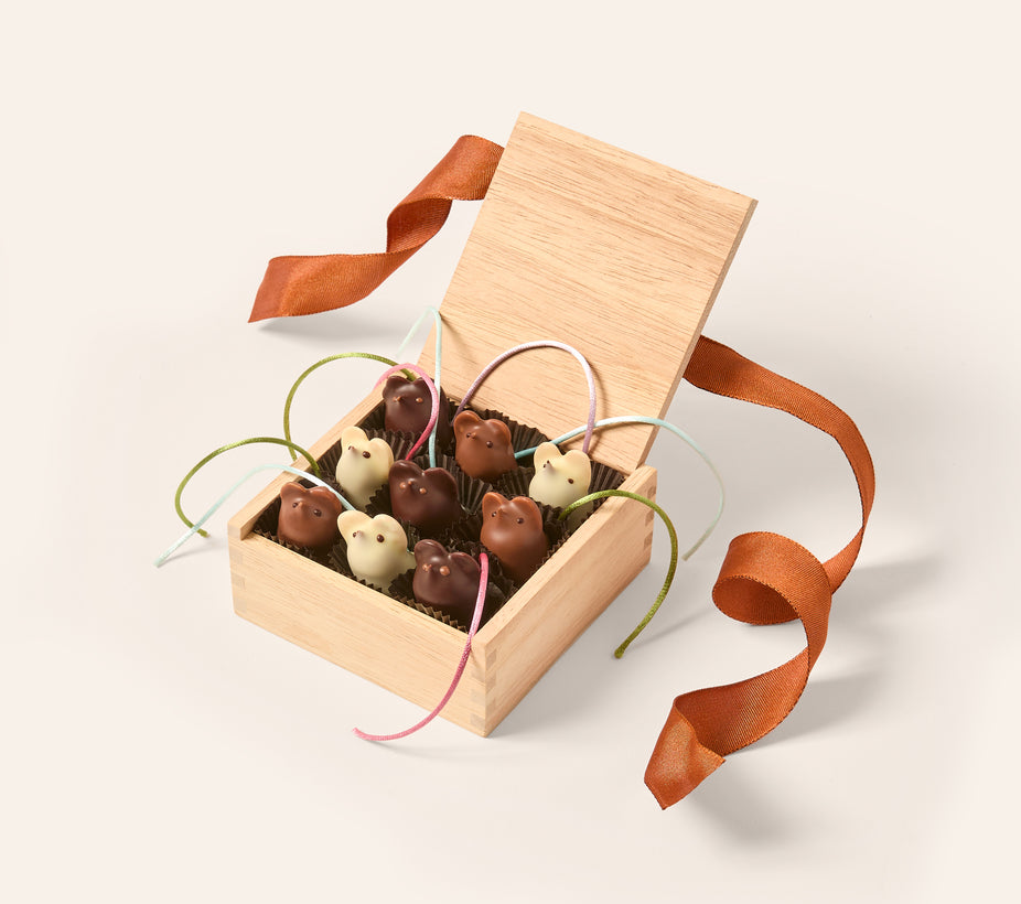 Wooden box filled with 9 dark, milk and white chocolate mice. Tied with a pumpkin colored ribbon on a cream background.