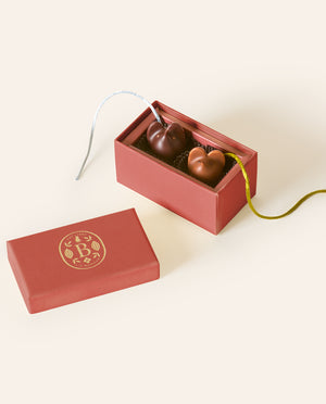 Red chocolate box with two mice bonbons with silk tails on a cream background 