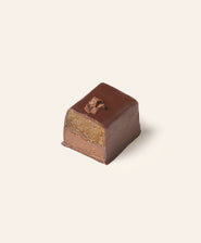 Rectangular chocolate bonbon cut in half on a cream background.