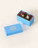 Two dark chocolate penguins with white chocolate bellys, in a rectangular light blue box. The lid of the box is embossed with a gold foil L.A. Burdick logomark.