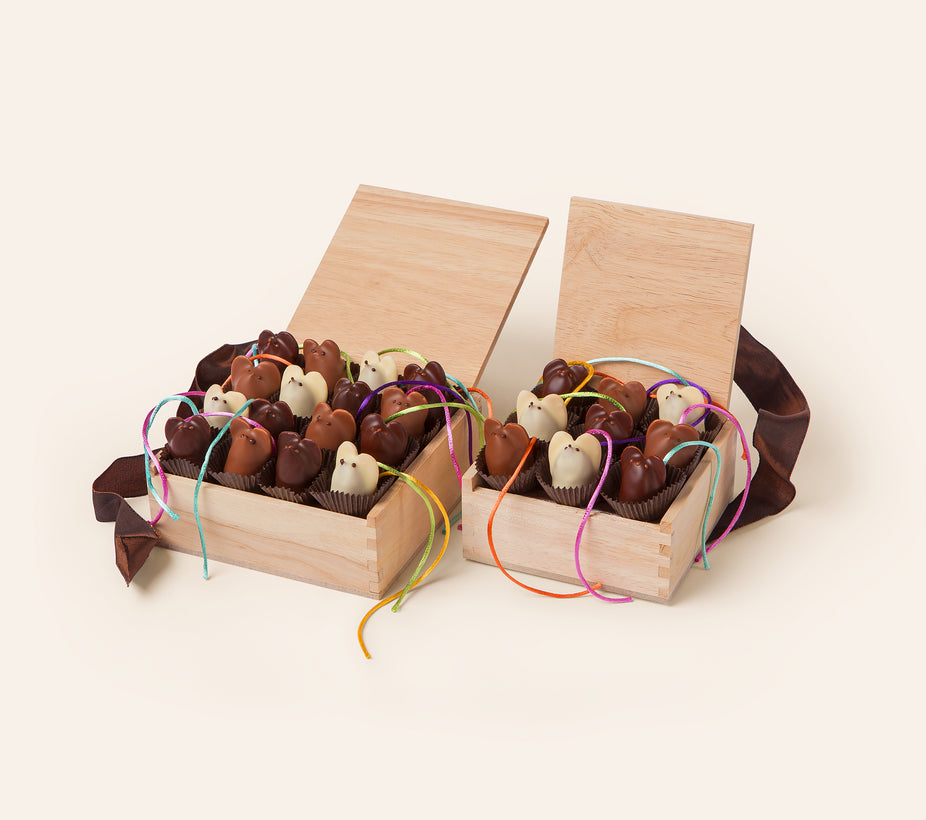 Two wooden gift boxes filled with chocolate mice on a white background