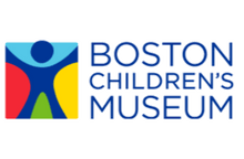 Logo of Boston Children's Museum featuring a stylized human figure in blue, red, green, and yellow next to bold text on a black background.