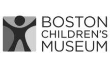 Black and white vector logo featuring a stylized abstract figure inside a square next to the text "Boston Children's Museum" designed for digital or interface use.