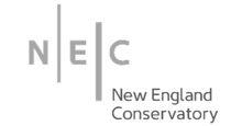 Minimalist black and white logo for the New England Conservatory featuring stylized letters N, E, and C separated by vertical lines.